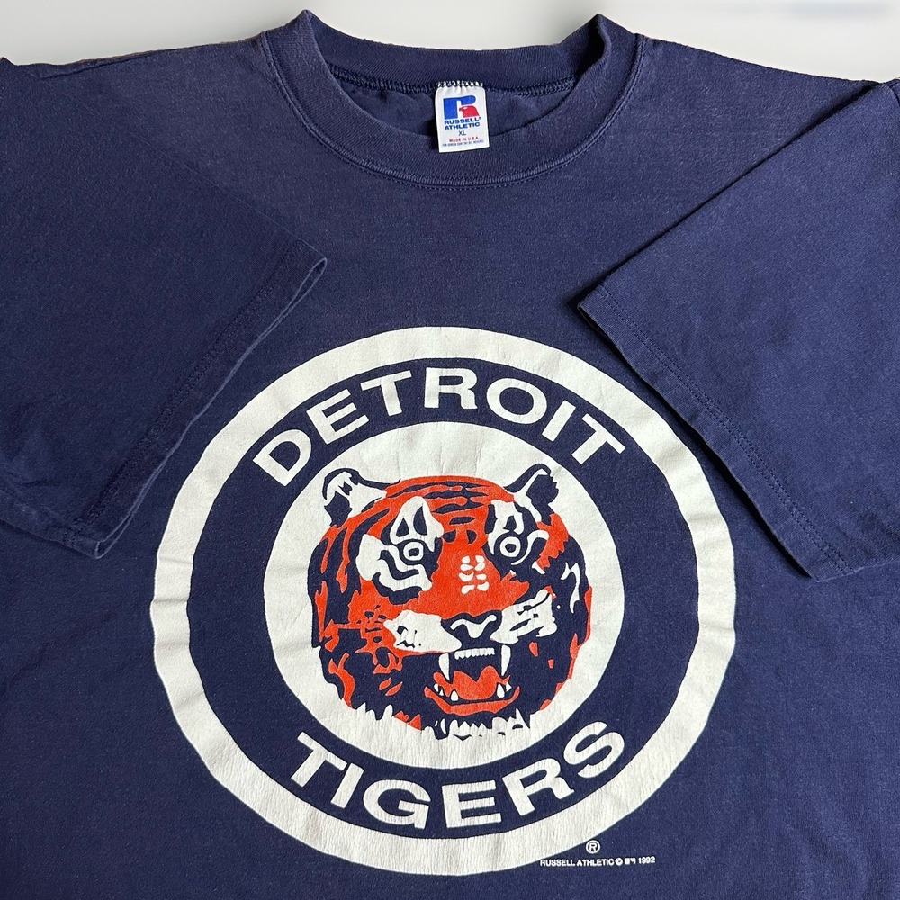 Vintage 90s Russell MLB Detroit Tigers Shirt Mens XL Blue Old Logo Made USA 1992